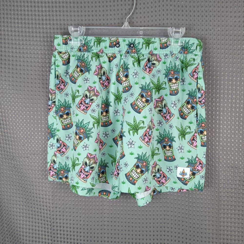 Third Coast Board Shorts Mens M Green Tiki Print Swim Trunks Elastic Waist